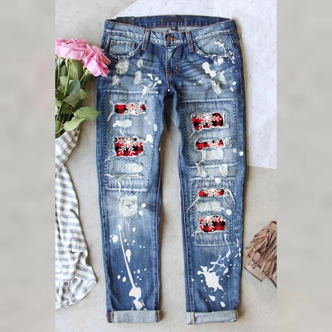 Jeans in Denim Casual da Donna Con Toppe a Quadri a Fiocco di Neve Natalizio Strappati Distressed Schizzi di Vernice Gamba Dritta Pantaloni Invernali