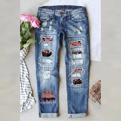 Jeans in Denim Strappati di Natale da Donna con Toppe in Paillettes Leopardate Pantaloni Lavati Distressed Stampa Merry Christmas