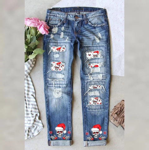 Jeans Déchirés de Noël pour Femmes Pantalon en Denim Jambe Droite Coton Imprimé Tête de Mort Bonnet de Noël