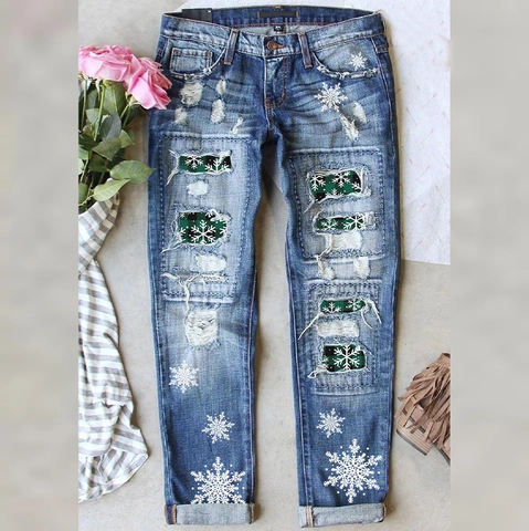 Women Christmas Ripped Jeans Distressed Snowflake Print Plaid Patchwork Straight Leg Denim Pants Winter Festive Jeans