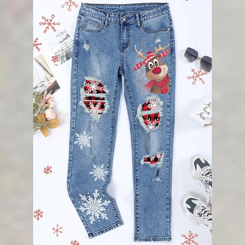 Women's Christmas Reindeer Snowflake Print Distressed Jeans Plaid Patchwork Straight Leg Denim Pants Winter Festive Fashion