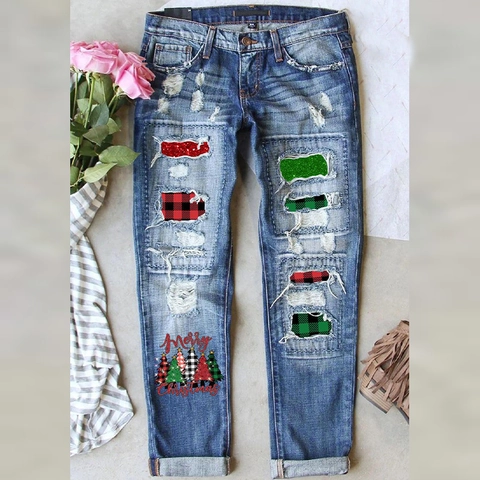 Damen Weihnachten Zerrissene Jeans Straight Leg Gewaschene Denim Hose Mit Plaid Pailletten Patches Feiertag Bedruckt Streetwear Hose
