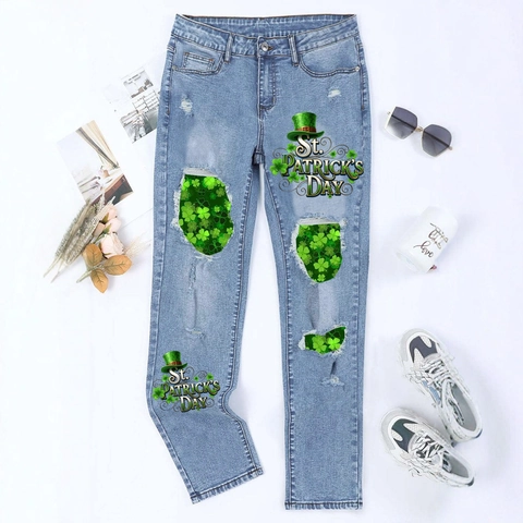 Dames St. Patrick's Day Gescheurde Jeans Met Rechte Pijpen Katoen Denim Distressed Klaver Print Casual Gewassen Lange Broek