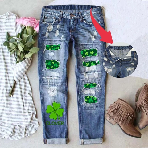 Vaqueros Rectos Rotos para Mujer Estampado Trébol Día de San Patricio Pantalones Denim Mezcla Algodón Con Cintura Elástica