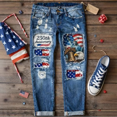 Jean Droit Déchiré Rétro pour Femme avec Patchs Drapeau Américain Pantalon en Denim de Coton Usé pour le Style Streetwear