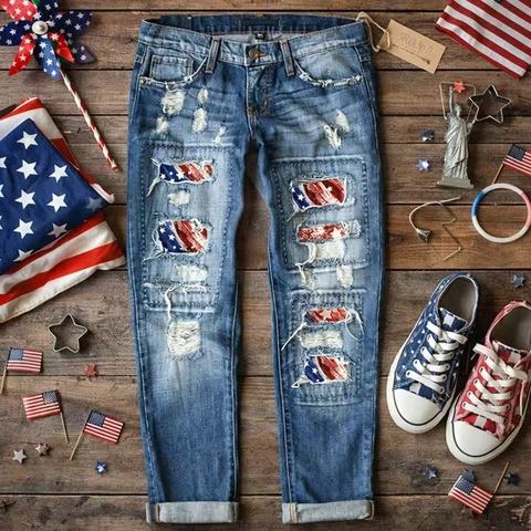 Jeans Donna Con Stampa Bandiera Americana Strappati Logori Gamba Dritta Blu Scuro Lavato Pantaloni Denim Retro Streetwear