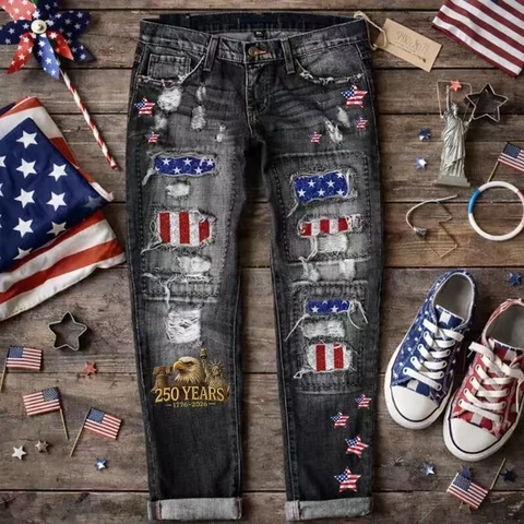 Γυναικείο Σκούρο Γκρι Τζιν Παντελόνι Denim σε Ίσια Γραμμή με Σκισίματα και Patchwork Αστέρια Τύπωμα Αετού για την 250η Επέτειο των ΗΠΑ