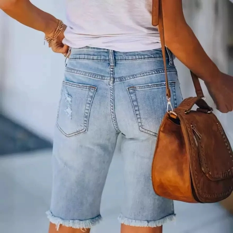 Pantaloncini di Jeans Distressed con Stampa a Cuore Bandiera Americana da Donna Blu Chiaro Lavati Strappati Orlo a Vivo Bermuda Shorts Estivi Streetwear Casual Vita Media