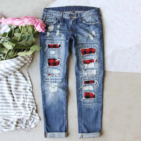 Damen Ripped Denim Jeans Mit Roten Karoflicken Lässige Distressed Straight Leg Haremshose Streetwear Mode Hose