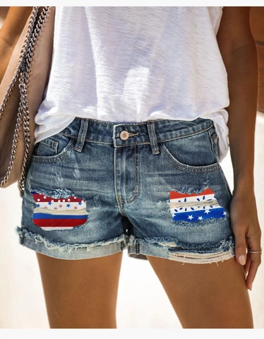 Pantaloncini di Jeans Donna con Stampa Bandiera Americana Strappati Orlo a Vivo Vita Media Cotone Casual Estivi Shorts