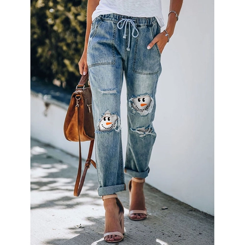Pantaloni Jeans in Denim Strappati da Donna con Motivo a Pupazzo di Neve Coulisse Vita Elastica Gamba Dritta Streetwear Natale