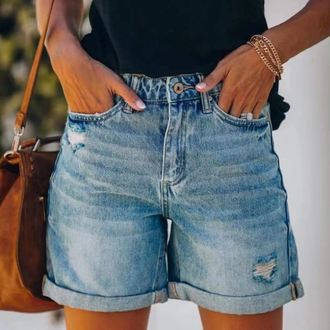 Shorts de Mezclilla de Cintura Alta para Mujer Azul Claro Rotos con Dobladillo Casual Mezcla de Algodón con Cinco Bolsillos