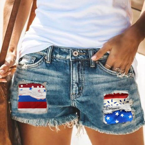 Pantaloncini di Denim Distressed Vintage da Donna con Patchwork di Bandiera Americana Orlo a Vivo Casual Jean Shorts per Giorno dell'Indipendenza Estate