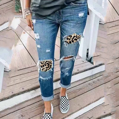 Jeans Strappati Donna Stampa Leopardata Patchwork Pantaloni Denim Slim Fit Lavati Blu Scuro Pantaloni a Sigaretta Streetwear Casual