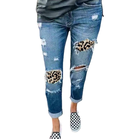 Jeans Strappati Donna Stampa Leopardata Patchwork Pantaloni Denim Slim Fit Lavati Blu Scuro Pantaloni a Sigaretta Streetwear Casual