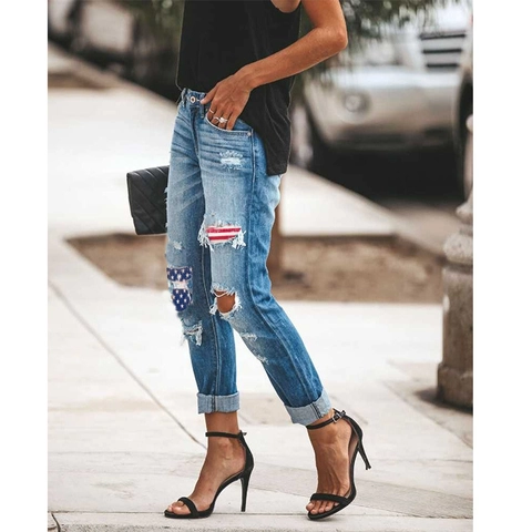 Jeans Strappati a Gamba Dritta da Donna Independence Day con Toppa Bandiera USA Pantaloni in Denim Distressed Streetwear Casual