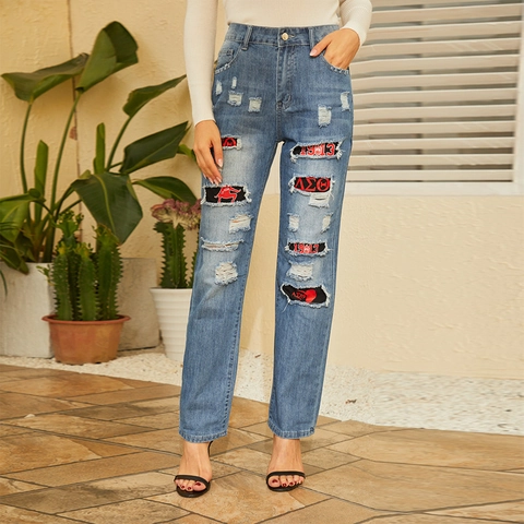 Damen Hohe Taille Distressed Gerade Jeans Mit Griechischen Buchstaben Aufnähern Hellblau Denim Lässige Lange Hose