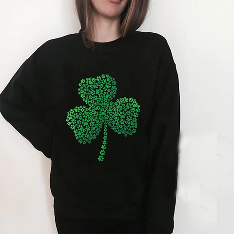 Felpa Donna San Patrizio in Misto Cotone Girocollo Manica Lunga Pullover Trifoglio Impronta di Zampa Nero Casual Top