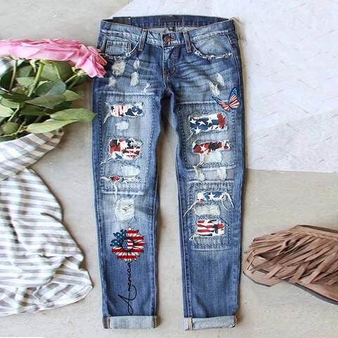 Jeans in Denim Strappati a Vita Alta da Donna Pantaloni con Toppa Bandiera Americana Stampa Farfalla Girasole Gamba Dritta