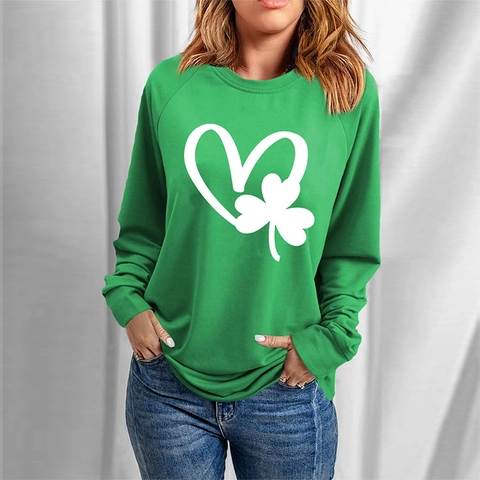 Sweatshirt Femme Vert Saint-Patrick Manches Longues Imprimé Trèfle Cœur Col Rond Pullover Décontracté en Polyester Ample