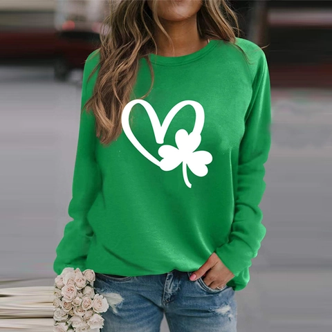Sweatshirt Femme Vert Saint-Patrick Manches Longues Imprimé Trèfle Cœur Col Rond Pullover Décontracté en Polyester Ample