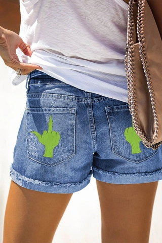 Women Distressed Denim Shorts Graphic Middle Finger Print Washed Light Blue Frayed Hem Straight Summer Casual Bottoms
