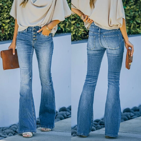 Vaqueros de Campana de Cintura Alta para Mujer Multibotón Lavado Corte Entallado Pantalones Denim Bell Bottom Vintage