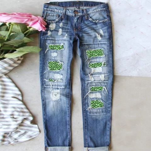Jeans Blu Distressed da Donna Heavy Wash Strappati in Denim Con Patchwork Stampa Leopardata Verde Neon Streetwear Orlo Con Risvolto