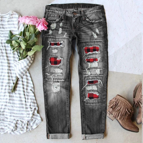 Women's Ripped Cotton Denim Jeans With Plaid Leopard Heart Patches Distressed Straight Leg Long Pants For Casual Daily Wear