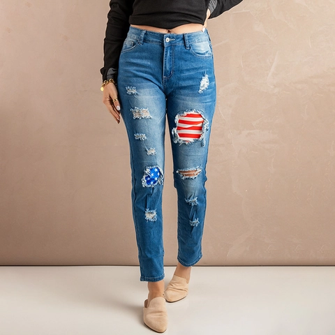 Women's American Flag Patch Ripped Jeans High Waisted Straight Leg Washed Distressed Streetwear Cotton Denim Long Pants