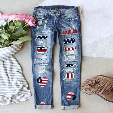 Women's Independence Day American Flag Ripped Jeans Washed Distressed Straight Leg Denim Pants With America Print