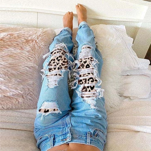 Damen High Waist Ripped Jeans Leopardenmuster Patchwork Distressed Straight Leg Denim Hose Hellblau Streetwear Mode