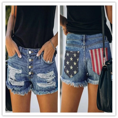 Damen Unabhängigkeitstag Denim Shorts Sternenstreifen Tasche Ripped Offener Saum Distressed Jeans Hot Pants Knopfleiste Sommer Blau Shorts