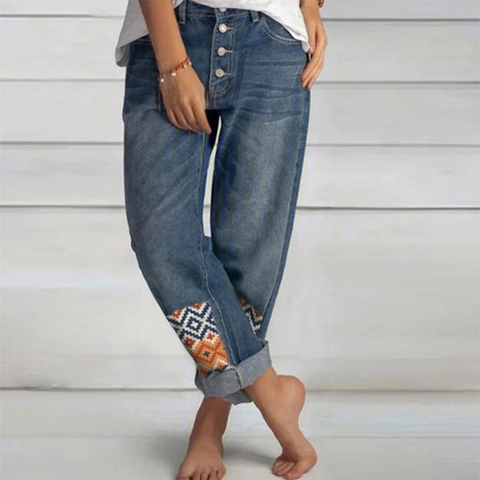 Women's High Waisted Button Fly Straight Leg Jeans With Geometric Ethnic Embroidery Mid Blue Distressed Denim Pants