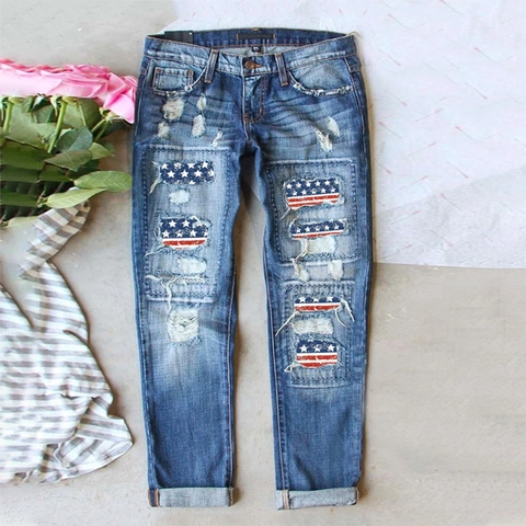 Damen Casual Ripped Denim Jeans Hohe Taille Gerades Bein Hose Mit Amerikanischer Flagge Stars Stripes Muster Patch Für Alltag