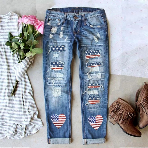 Damen Casual Ripped Denim Jeans Hohe Taille Gerades Bein Hose Mit Amerikanischer Flagge Stars Stripes Muster Patch Für Alltag
