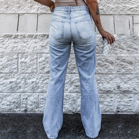 Damen Vintage High Waisted Wide Leg Jeans Zerrissene Knie Denim Hosen Casual Gewaschen Gerade Bein Streetwear Hosen