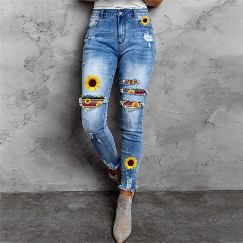 Vaqueros Rotos de Talle Alto para Mujer Azul Claro Distressed Skinny Denim Con Patchwork Floral de Girasol Rayas Boho