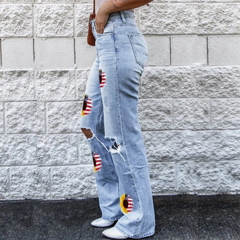 Jeans a Campana a Vita Alta da Donna Stampa Grafica Girasole Stars and Stripes Pantaloni in Denim Lavato Distressed
