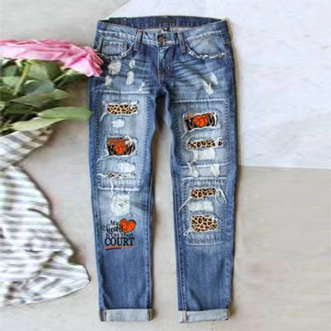 Pantaloni Donna Strappati Blu Jeans Patch Cuore Leopardato Stampa Basket Denim Harem Casual Pantaloni Dritti Effetto Invecchiato
