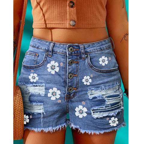 Women High Waist Daisy Print Ripped Denim Shorts Button Fly Frayed Hem Summer Distressed Jean Shorts
