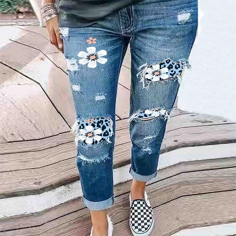 Damen Ripped Straight Leg Jeans Blumen Leopardenmuster Patchwork Distressed Denim Hose Urban Casual Chic Gekrempelter Saum Blau