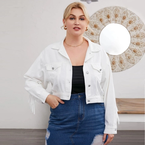 Veste en Denim Blanche Grande Taille pour Femmes Avec Longues Franges Veste en Jean Courte Manches Longues