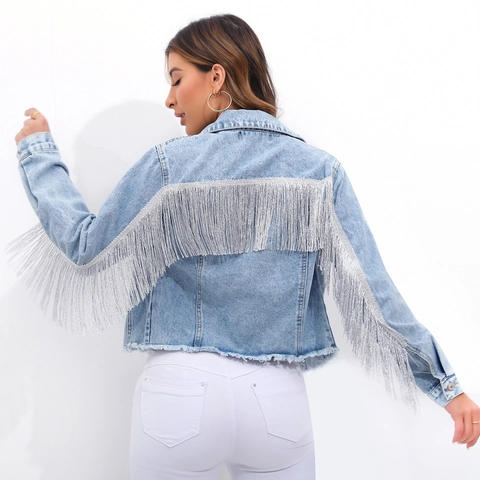 Veste en Jean Femme Grande Taille Bleu Clair Franges Argentées Tassels Streetwear Boho Manteau Court Boutonnage Simple Revers