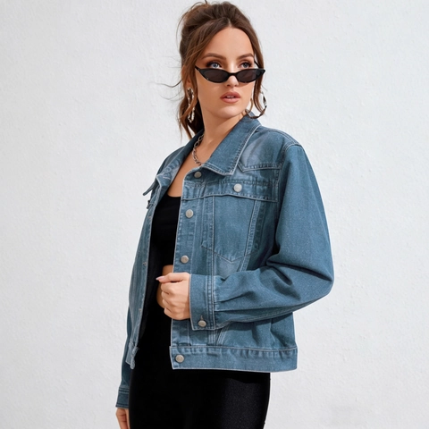 Veste en Jean Bleu Délavé Décontractée pour Femme Manches Longues Boutonnée Revers Streetwear Veste en Denim Manteau pour Femme