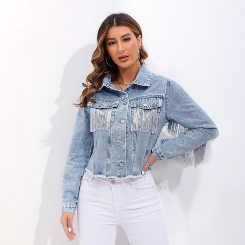 Veste en Jean Femme Grande Taille Bleu Clair Franges Argentées Tassels Streetwear Boho Manteau Court Boutonnage Simple Revers