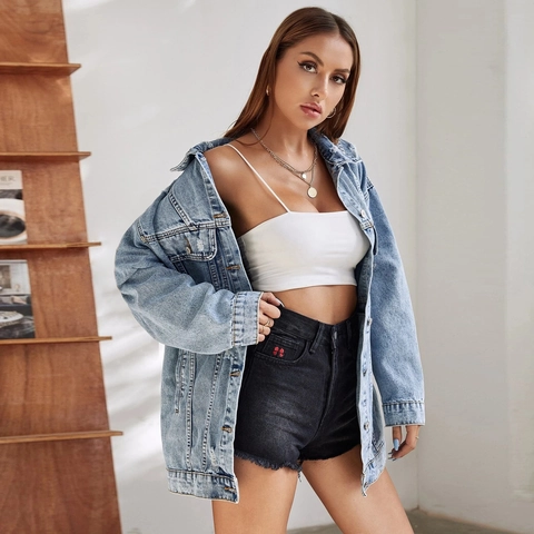 Women's Oversized Distressed Denim Jacket Washed Light Blue Ripped Cotton Blend Jean Coat Outwear Casual Streetwear
