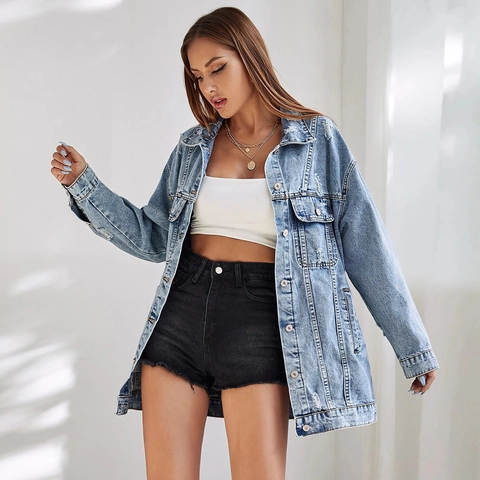 Women's Oversized Distressed Denim Jacket Washed Light Blue Ripped Cotton Blend Jean Coat Outwear Casual Streetwear