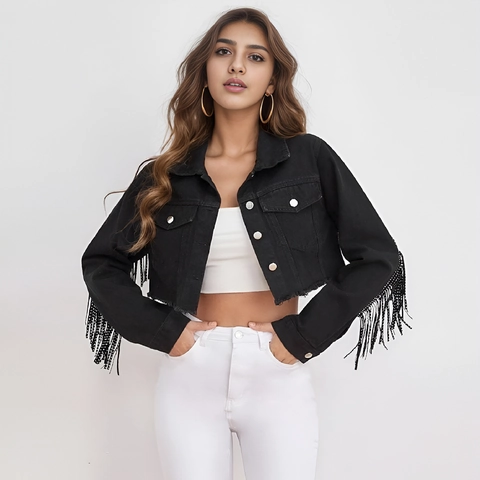 Women's Black Cropped Denim Jacket With Rhinestone Tassels Distressed Raw Hem Long Sleeve Streetwear Outerwear