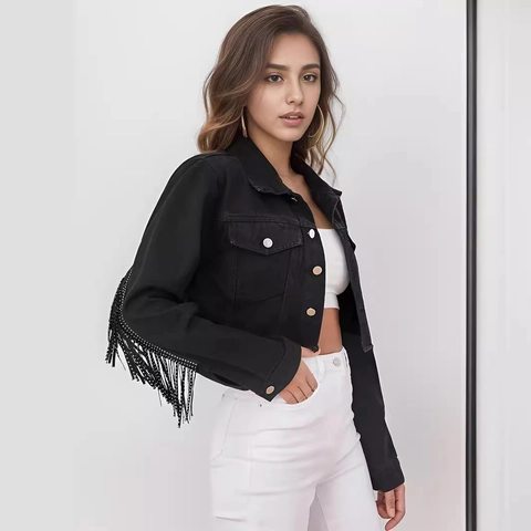 Women's Black Cropped Denim Jacket With Rhinestone Tassels Distressed Raw Hem Long Sleeve Streetwear Outerwear